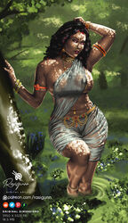 1girls accessory areola_slip areolae big_ass big_breasts big_butt breasts clothed indian jewelry lilly nipple_piercing nude_female ornament ornaments rasigunn rasigunn_digitalart swamp water