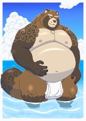 2024 anthro asian_clothing belly big_belly brown_body canid canine clothing cloud east_asian_clothing fundoshi gyobu_(tas) hi_res japanese_clothing kemono lifewonders male male_only mammal moobs nipples outside overweight overweight_male raccoon_dog solo solo_male tanuki tokyo_afterschool_summoners underwear usikuma6 water white_clothing white_fundoshi white_underwear