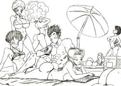 1boy 6girls abs android_18 ass big_ass big_breasts bikini bikini_bottom bikini_top black_and_white breasts dragon_ball dragon_ball_z erasa female female_saiyan huge_breasts large_ass large_breasts male maron medium_breasts multiple_girls nude nude_female reading_book saiyan saiyan_girl saiyan_tail seripa son_gohan stretching tail thewritefiction videl zangya