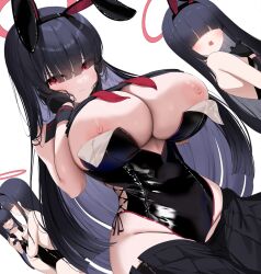 4girls areolae background_character bangs black_hair blue_archive blush breasts breasts_bigger_than_head bunny_ears bunnysuit bursting_breasts cleavage curvy hair_over_eyes halo huge_breasts inner_sideboob justice_task_force_member_(blue_archive) long_hair nicorima nipples red_eyes thighs