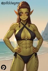 abs ai_generated ass_visible_through_thighs baldur's_gate baldur's_gate_3 beach bikini black_bikini body_freckles braid breasts brown_hair colored_skin cowboy_shot day female freckles green_skin hair_pulled_back halterneck hands_on_hips lae'zel long_hair looking_at_viewer medium_breasts muscular muscular_female navel o-ring ocean outdoors pikkiwynn pointy_ears side-tie_bikini_bottom smile solo swimsuit yellow_eyes