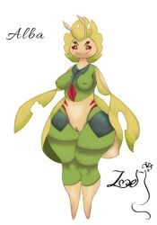 4_eyes antennae antennae_(anatomy) anthro arthropod_abdomen big_breasts breasts female female_only green_body green_nipples leavanny multi_eye nipples pussy red_eyes smile_at_viewer thick_thighs wide_hips yellow_body zoebanette405