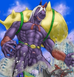 1boy abs anthro balls digimon equine flaccid fur hair horse indramon macro male male_only mammal muscular muscular_male namecat nipples nude penis purple_fur red_eyes sheath size_difference solo white_hair