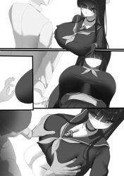 1boy 1girls blue_archive blush breast_grab breasts breasts_bigger_than_head choker cleavage clothed comic comic_page eyes_visible_through_hair gloves halo huge_breasts justice_task_force_member_(blue_archive) monochrome nicorima presenting_breasts sailor_collar serafuku skirt