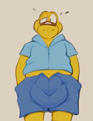 2024 anthro big_bulge blue_shorts bodily_fluids bottomwear bulge clothed clothing daftpatriot detailed_bulge dress_shirt hands_in_both_pockets huge_bulge koopa koopa_troopa koops looking_at_viewer low-angle_view male mario_bros nintendo no_underwear one_eye_half-closed paper_mario paper_mario:_the_thousand-year_door paper_mario:_the_thousand_year_door scales scalie shirt shorts solo sweat sweatdrop topwear yellow_body yellow_scales