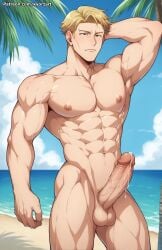 abs ai_generated balls bara biceps big_balls big_penis blonde_hair daddy dilf erection jujutsu_kaisen kento_nanami kyorzart male male_nipples male_only manly mature_male muscular_male nipples nude pecs penis precum precum_drip