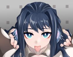 arknights astesia_(arknights) blue_eyes blue_hair cunnilingus female female_only female_pov licking_pussy light-skinned_female looking_at_viewer pov tongue tongue_out wenzheng147