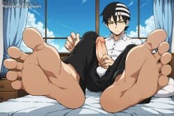 ai_generated bara big_penis bulge clothing death_the_kid erection feet foot_fetish kyorzart male male_only masturbation muscular_male penis soul_eater underwear