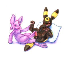 ambiguous_gender balls blush eeveelution erection espeon foot_fetish footjob fur furry_ears furry_tail hindpaw lying male nintendo on_back open_mouth paws penis pillow pokemon purple_eyes red_eyes simple_background simplepale smile tail umbreon video_games