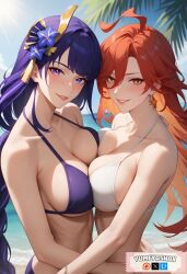 2girls ai_generated beach big_boobs bikini blushing boobs_pressed genshin_impact mavuika_(genshin_impact) purple_hair raiden_shogun red_hair smiling