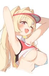 arms_up blonde_hair looking_at_viewer nipples one_eye_closed pink_eyes rasusurasu sweat sweaty_breasts tagme tagme_(character) underboob wink winking_at_viewer