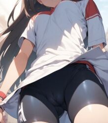 1girl ai_generated bike_shorts bottom_view brown_hair cameltoe face_hidden sky white_shirt