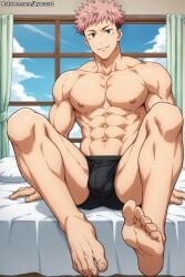 abs ai_generated bara biceps bulge itadori_yuuji jujutsu_kaisen kyorzart male male_nipples male_only muscular_male nipples pecs penis_outline pink_hair underwear