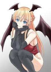 2d 2d_(artwork) artemisia_bell_ashcroft ass blonde_hair blue_eyes breasts date_a_live exposed_ass gloves light-skinned_female long_hair socks succubus_costume succubus_horns succubus_wings thighs