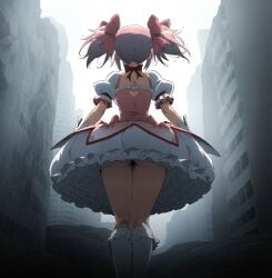 ai_generated back_view backboob bare_legs big_ass big_butt fat_ass gokoai hair_ribbon huge_thighs low-angle_view madoka_kaname mahou_shoujo_madoka_magica pink_hair puella_magi_madoka_magica solo_female thick_thighs thighs twintails upskirt