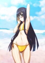 armpits bikini black_hair cat_planet_cuties flat_chest futaba_aoi futaba_aoi_(asobi_ni_iku_yo!) glasses green_eyes highres long_hair side-tie_bikini swimsuit