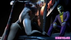 2girls 2girls1boy 3d abs ass baseball_bat batman:_arkham_knight batman_(series) belly big_ass blonde_hair catwoman catwoman_(arkham) catwoman_(arkham_knight) clothes clothing costume dc_comics dyed_hair glasses green_hair harley_quinn harley_quinn_(arkham) harley_quinn_(arkham_knight) joker large_ass long_hair makeup mikeymack navel pussy selina_kyle source_filmmaker suit supervillain supervillainess the_joker