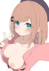 1girls blue_eyes blush breasts down_blouse from_above large_breasts looking_at_camera looking_at_viewer nijisanji peace_sign pout rasusurasu selfie suzuhara_lulu virtual_youtuber