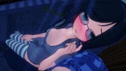 3d black_hair blush embarrassed koikatsu looking_at_viewer nipples no_bra no_sex playing_with_hair pov pov_eye_contact sitting_on_lap text weeaboo_cat