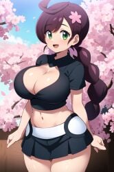 1girls aged_up ai_generated alternate_body_type alternate_breast_size big_breasts black_shirt black_skirt blue_eyes braid braided_hair breasts chloe_(pokemon) cleavage cleavage_cutout cleavage_window collarbone female large_breasts light-skinned_female light_skin pink_swimsuit pokemon pokemon_journeys ryuzam shiny_skin shirt single_braid skirt solo solo_female