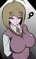 1girls ahoge akamatsu_kaede animated big_breasts blonde_hair bouncing_breasts breasts busty clothed clothing danganronpa danganronpa_v3 eyebrows_visible_through_hair eyelashes female female_only fully_clothed gif gray_background hair_ornament hairclip hairclips heart large_breasts light-skinned_female looking_at_viewer medium_hair music_note musical_note pale-skinned_female pale_skin pink_background pink_eyes pink_tank_top school_uniform seductive_look simple_background skirt solo solo_female speech_bubble straight_hair thick_thighs tie trizzz voluptuous