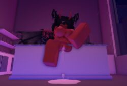 1girls black_hair black_wings breasts brown_skin cum_in_pussy cum_inside female glasses leaking_pussy masturbation nipples pink_room red_antlers roblox robloxian