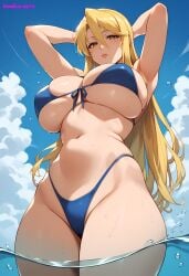 1female 1girls ai_generated amber_eyes artist_name big_breasts bikini bikini_bottom bikini_top blonde_hair blue_bikini bombacopta breasts breasts_bigger_than_head eyebrows eyelashes female female_focus female_only front-tie_top hands_behind_head highres highschool_of_the_dead huge_breasts long_hair mature_female midriff milf mommy navel posing seductive shizuka_marikawa simple_background slim_waist solo standing standing_in_water sweat thick_thighs voluptuous water wet wide_hips yellow_eyes