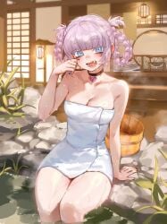 1girls after_bathing black_nails blue_eyes blunt_bangs call_of_the_night choker cleavage cute_fang female female_only foolish_potato nail_polish nanakusa_nazuna painted_nails pointy_chin towel towel_only yofukashi_no_uta