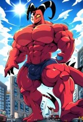 2_toes ai_generated big_pecs blitzo_(helluva_boss) city city_destruction crushing demon_tail destruction feet helluva_boss macro male muscular muscular_legs novelai red_skin sky solo_male sun underwear walking