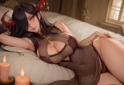 1girls ai_generated anaslex azur_lane big_breasts black_hair cleavage cleavage_cutout curvy demon demon_girl dress friedrich_der_grosse_(azur_lane) hair_over_one_eye hi_res horns lace lace-trimmed_panties lace_trim large_breasts long_hair lying lying_on_bed lying_on_side pale-skinned_female pale_skin panties pose posing seductive seductive_look seductive_smile smile solo thick_thighs wide_hips yellow_eyes