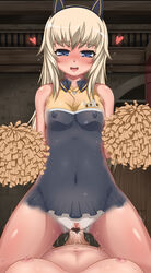 animal_ears bed blonde_hair blue_eyes blush bodypaint breasts censored cheerleader cowgirl_position female futanari girl_on_top heart helma_lennartz hi_res high_resolution highres long_hair lying medium_breasts monizumi_ishikawa multiple_girls navel nipples nude on_back open_mouth painted_clothes pom_poms pussy pussy_juice small_breasts smile solo_focus straddling strike_witches vaginal_penetration