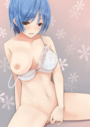 blue_hair blush bra breast_slip breasts brown_eyes female fingering kanzaki_nanami kimi_no_iru_machi masturbation mokkosu. navel nipples one_breast_out open_mouth short_hair smile solo underwear white_bra