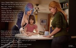 3d 3girls bathrobe blue_eyes blue_hair brown_hair chloe_price comic dialogue dinoboy555 end_page english_text female female_only joyce_price life_is_strange max_caulfield open_bathrobe story tattoo tattooed_arm