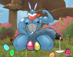 anthro bandithrt big_balls big_penis black_penis blue_fur bunny bunny_ears cum_drip easter_balls easter_bunny easter_egg free_fire furry furry_male furry_only gay hairy_armpits hairy_balls male male_only penis red_eyes solo_male