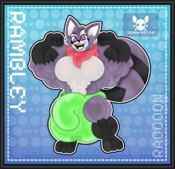 anthro balls bulge clothed clothing detailed fur genitals hi_res hyper indigo_park jdbo-arts male mammal muscular penis procyonid raccoon rambley_raccoon tail underwear