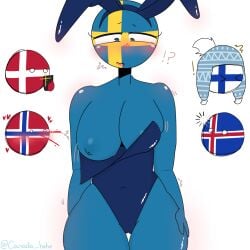 1girls blue_body blue_bunnysuit blue_eyes blue_nipples blush bunny_costume bunny_ears bunnysuit countryballs countryhumans countryhumans_girl denmark_(countryhumans) exposed_breasts exposed_nipples finland_(countryhumans) iceland_(countryhumans) norway_(countryhumans) scandinavia surprised sweden_(countryhumans) xx.canada.xx