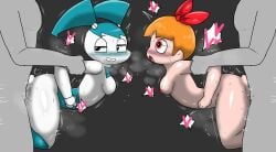 2boys 2girls absurd_res arm_grab ass blossom_(powerpuff_girls) breasts crossover enigi09 female female_focus from_behind hi_res jenny_wakeman looking_back my_life_as_a_teenage_robot powerpuff_girls robot robot_girl sex thighs