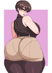 1girls ass ass_focus big_ass big_breasts breasts brown_hair demon_dog demondog17 huge_ass mature_female milf older_female pantyhose pencil_skirt purple_eyes short_hair skirt solo sweater thick thick_ass thick_thighs thighs