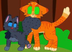 blue_body blue_fur cinderpelt_(warriors) domestic_cat felid feline felis female feral firestar_(warriors) fur kitt3ngutzz male male/female mammal orange_body orange_fur smile warriors_(book_series)