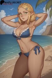 1girls ai_generated armpits arms_up beach beach_background bikini blonde_hair blue_bikini blue_sky blush braid braided_hair breasts cloud day frilled_bikini_top frills green_eyes hair_ornament hairclip hands_behind_head long_hair looking_at_viewer navel nintendo open_mouth outdoors patreon patreon_username pointy_ears princess_zelda sky solo standing tears_of_the_kingdom the_legend_of_zelda waifu_secret zelda_(tears_of_the_kingdom)