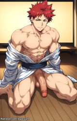 abs ai_generated balls bara biceps big_balls big_penis gay kyorzart light-skinned_male light_skin male male_nipples male_only muscular_male nipples nude pecs penis red_hair shokugeki_no_souma solo solo_male thighs yellow_eyes yukihira_souma