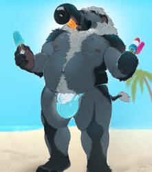 anthro beach big_bulge biped blue_eyes bulge chest_tuft clothed clothing detailed_bulge elephantid food fur grey_body grey_fur hi_res male male_anthro mammal mammoth musclegut muscular muscular_anthro muscular_male outside overweight overweight_anthro overweight_male pig_(artist) plantigrade popsicle prehistoric_species proboscidean proboscis_(anatomy) solo solo_male speedo speedo_only swimwear tail tail_tuft topless trunk trunk_(anatomy) tuft tusks woolly_mammoth