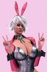 big_lips breasts bunny_ears bunnysuit cleavage curves curvy curvy_body curvy_female cute hips large_breasts pink_background thin_waist white_hair wide_hips zoey_(left_4_dead)