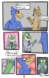 2024 4_fingers 6_panel_comic amphibian anthro anthro_on_anthro asking avian balls beak biped bird black_nose blue_balls blue_body blue_clothing blue_feathers blue_penis blue_shirt blue_topwear border canid canine close-up clothed clothing dialogue english_text erection exclamation_point falco_lombardi feathers fingers flaccid fox fox_mccloud frog front_view fur gay genitals glans gradient_penis green_body green_skin grey_background group hand_on_penis handjob hi_res high-angle_view humanoid_genitalia humanoid_penis interspecies jacket kickingkeldeo looking_at_another looking_at_genitalia looking_at_penis looking_down male male/male mammal multicolored_penis multiple_angles navel nintendo nude open_beak open_mouth page_number penile penis penis_awe pink_background pink_glans question_mark red_background red_scarf scarf sex shirt side_view simple_background slippy_toad speech_bubble standing star-shaped_pupils star_eyes star_fox symbol-shaped_pupils tan_body tan_fur tan_skin text thought_bubble tongue topwear trio tuft two_tone_penis white_border yellow_beak yellow_body yellow_fur