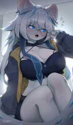 absurd_res absurdres blue_eyes blush blushing chien-pao clothed ear_blush fox fox_ears fox_girl fox_tail glasses hi_res highres large_breasts nyaohha upscaled