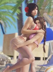 2girls 3d aerith_gainsborough beach bikini bikini_bottom bikini_top black_hair blender_(software) braided_ponytail breast_size_difference breasts brown_hair female female_only final_fantasy final_fantasy_vii final_fantasy_vii_rebirth final_fantasy_vii_remake flower_in_hair green_eyes had_a_dream_everyone_was_drawing_lesbian_ships_like_this_(meme) hairbow highres large_breasts lifting_person long_hair medium_breasts multiple_girls outdoors palm_tree pink_bikini red_bikini red_eyes ria-neearts side_view skindentation smile square_enix standing strap_gap summer tanline tifa_lockhart wink winking_at_viewer yuri