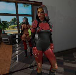 1girls 3d 3d_(artwork) antigravityzhq ass ass_focus blonde_hair clothing_malfunction fortnite lingerie looking_at_viewer mirror moxie_(fortnite) ripped_clothing short_hair solo