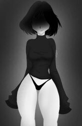 1girls 2024 2d artist_request artist_signature big_thighs black_and_white black_hair clothing curvy face female oc original pointy_chin shaded_face short_hair simple_background skinny smile solo solo_female sweater thick_thighs thighs thong white_skin