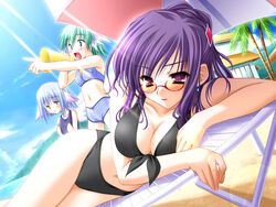 3girls animal_ears beach bikini blue_eyes blue_hair blush breast_envy breasts brown_eyes cleavage earrings flat_chest front-tie_top fuijika game_cg glasses green_hair jewelry large_breasts lens_flare lipstick looking_over_eyewear looking_over_glasses lying moekibara_fumitake multiple_girls nikke_(purism_egoist) on_side one-piece_swimsuit open_mouth orange-tinted_eyewear palm_tree plaid pointing purism_egoist purple_eyes purple_hair school_swimsuit short_hair sky smile sunglasses swimsuit tinted_eyewear tree umbrella wings yellow_eyes yumina