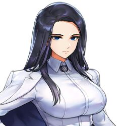 big_breasts blue_eyes color expressionless female female_focus female_only forehead game_cg hair_on_breasts hair_on_shoulder hair_over_breasts hair_over_shoulder high_collar invincible_dragon_(last_origin) jacket jacket_on_shoulders kakiman last_origin long_hair looking_at_viewer no_pupils purple_hair serious serious_face serious_look tight_clothing transparent_background upper_body white_jacket white_uniform